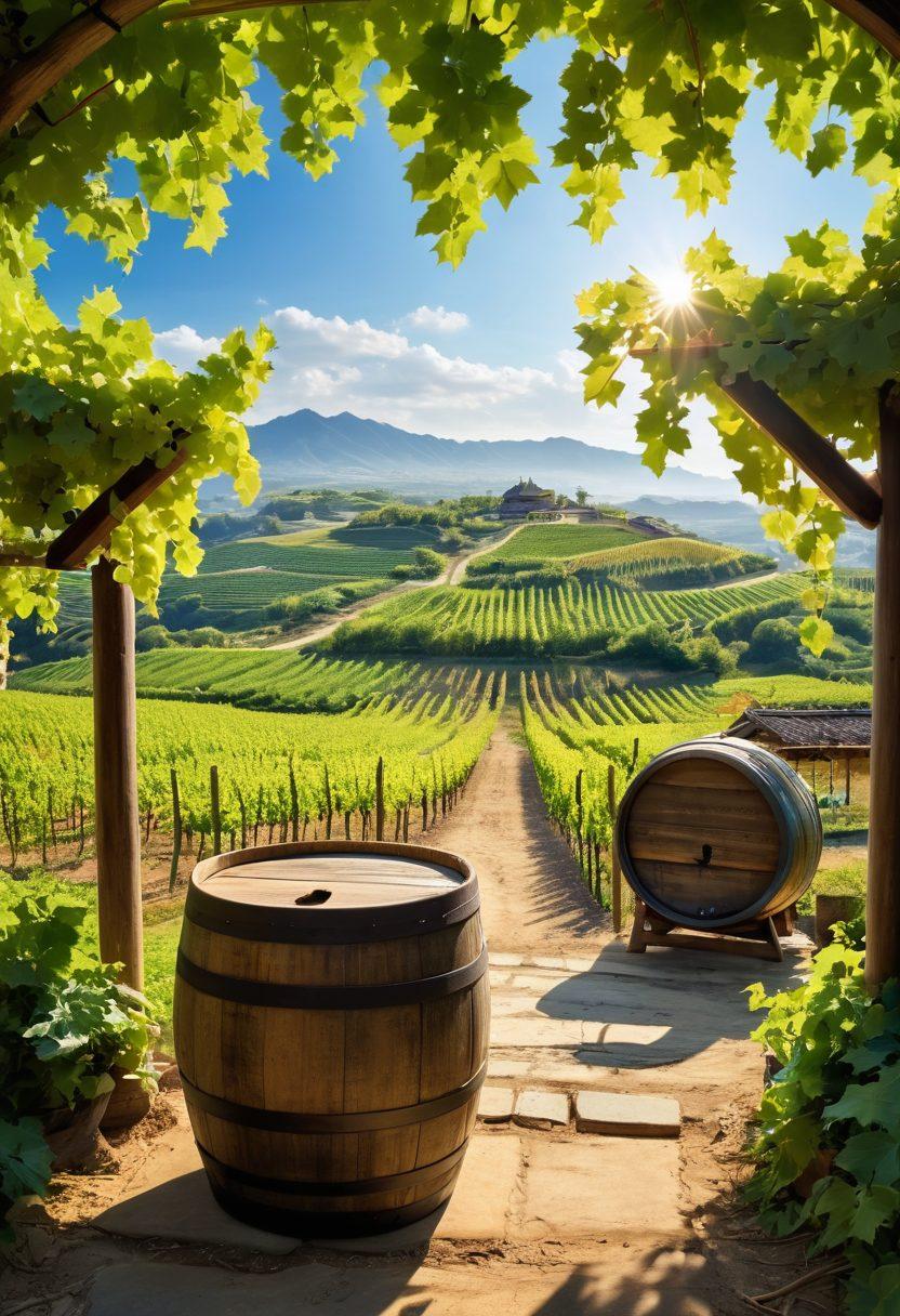 A picturesque vineyard landscape in Asia, showcasing lush green grapevines under a bright blue sky, with a rustic wine barrel in the foreground. Include a wine glass reflecting the sunlight and Asian architecture in the distance, such as a traditional pagoda. Capture a sense of adventure with a winding pathway leading through the vineyard. vibrant colors. super-realistic. scenic background.