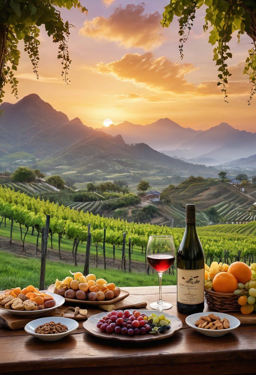 A serene vineyard at sunset in Asia, featuring lush grapevines and a rustic wooden table set with various wine glasses, a decanter, and Asian-inspired snacks. In the background, majestic mountains rise under a warm orange sky, while a soft breeze lifts the leaves. Delicate wine motifs and calligraphy subtly enhance the ambiance. super-realistic. vibrant colors. tranquil atmosphere.