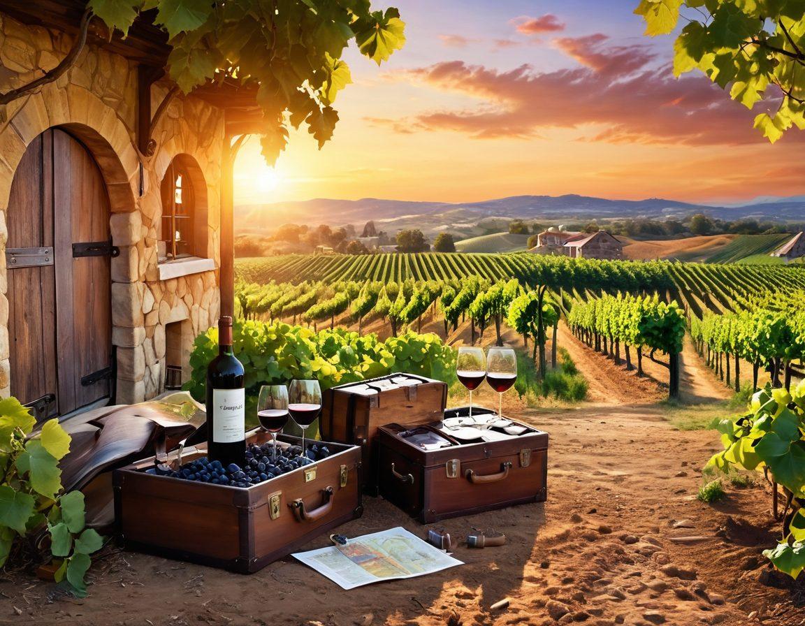 A scenic vineyard landscape at sunset, with rows of grapevines and a rustic wine cellar in the background. Include a diverse group of wine enthusiasts enjoying a tasting session, glasses raised in celebration. Incorporate small travel elements like a suitcase and a map lying on the ground. Vibrant colors. super-realistic.